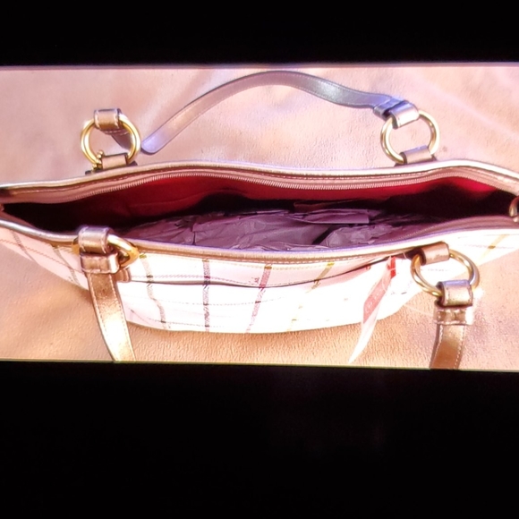 Coach Plaid Peyton Tattersall White Leather Tote - Picture 3 of 6